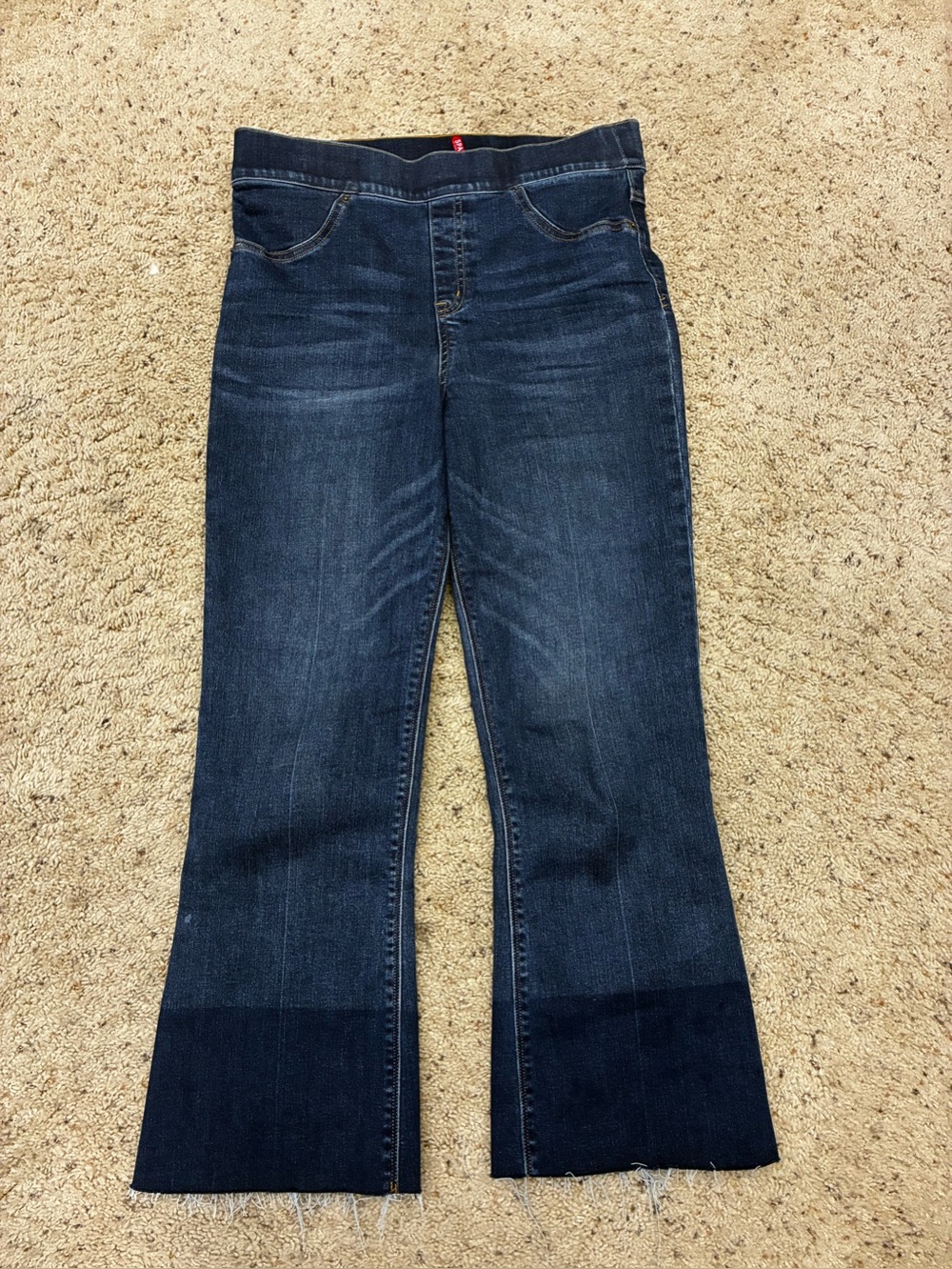 SPANX Dark Wash Flare Crops in Deep Blue - Medium
